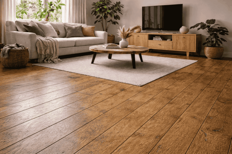 Dnevna soba sa višeslojnim parketom, televizorom i kaučom