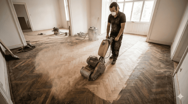 Čovek vuče mašinu za hoblovanje parketa i hobluje